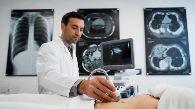 a radiologist conducting an ultrasound exam on a patient. Xray, ct scan and Mri scan images are there in the lobby behind the doctor